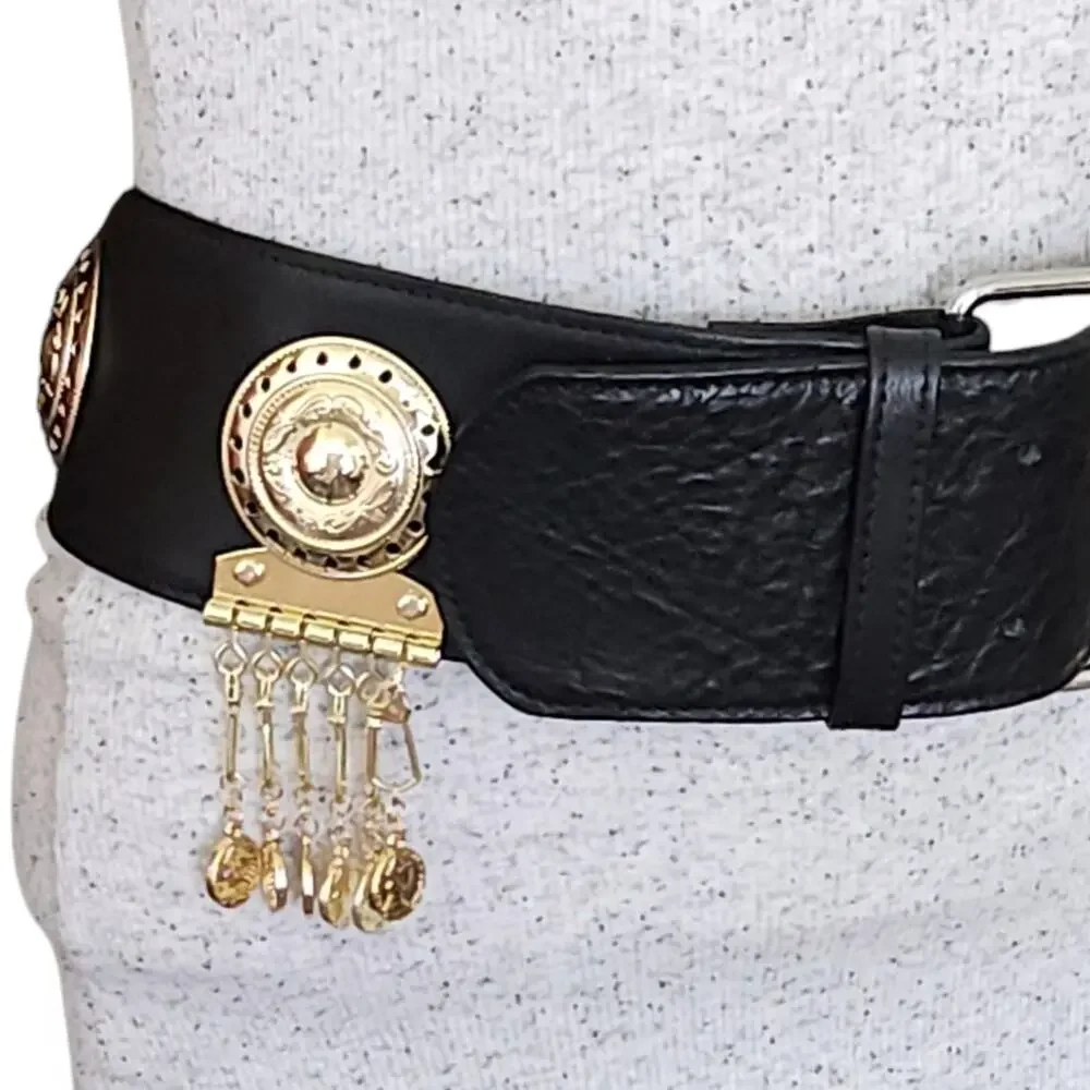 DYLAN LEX Romy black leather wide statement high waist medallion charm belt Sz S